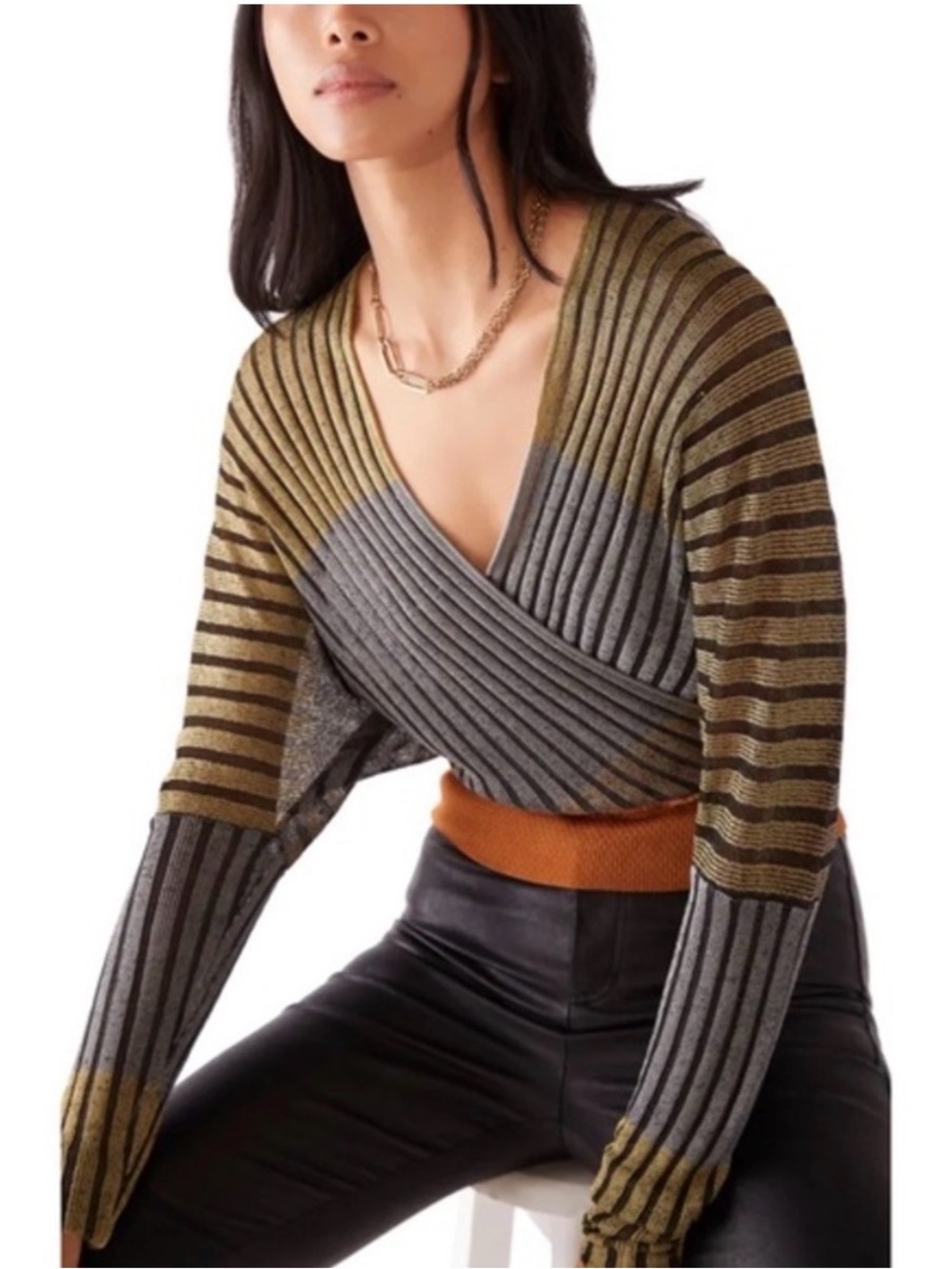 Free People Striped V‑Neck Ribbed Crop Sweater in Olive & Gray